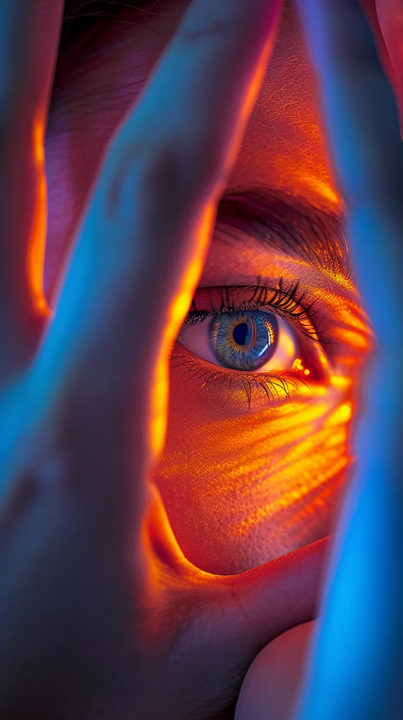 An eye framed between two hands, lit in orange and blue