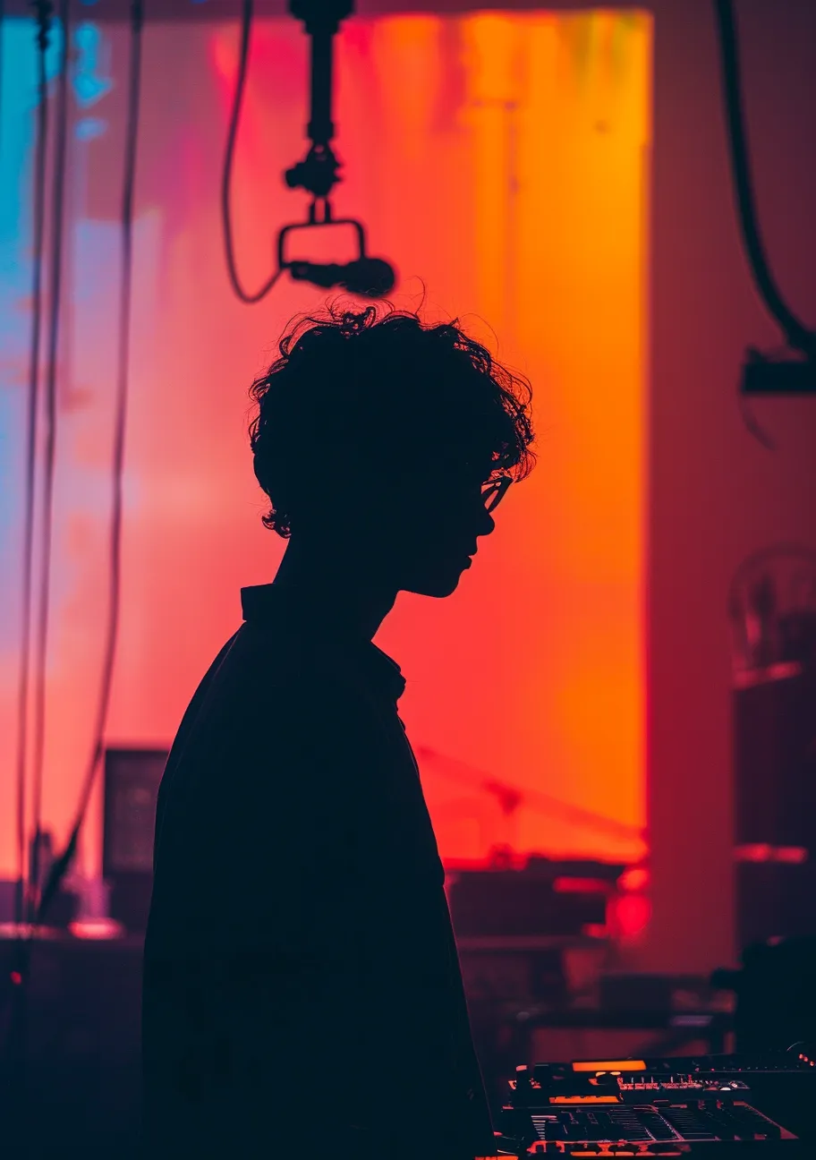 A silhouette in front of an orange stage light
