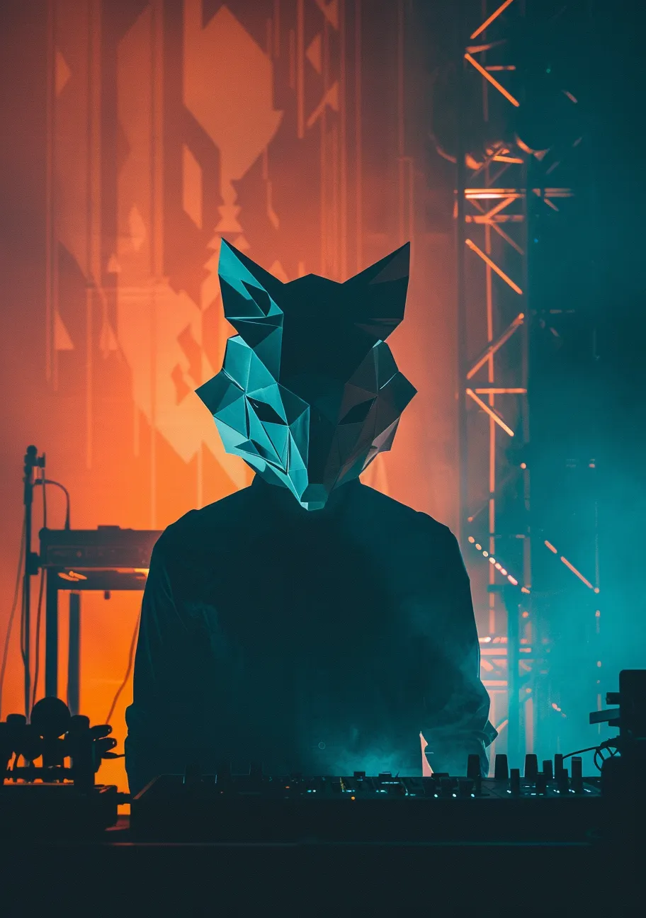 A figure in a geometric fox mask beside a lit projection screen